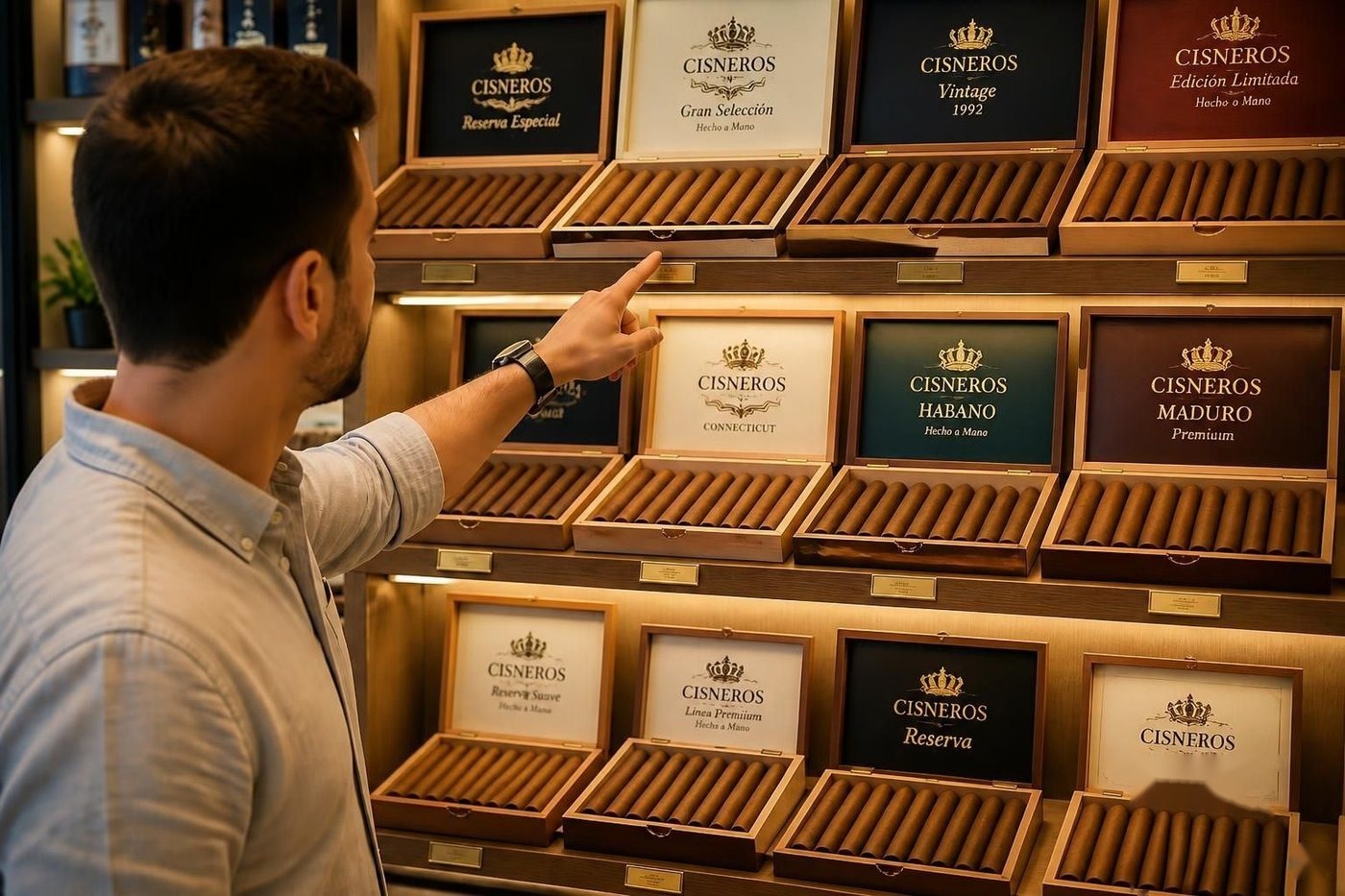 Choosing a cigar blend from a wall of Cisneros cigar boxes