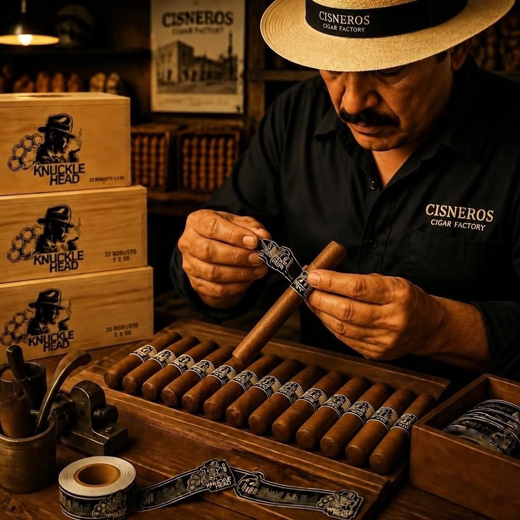 Hand-applying a custom band onto a cigar at the Cisneros Cigar Factory